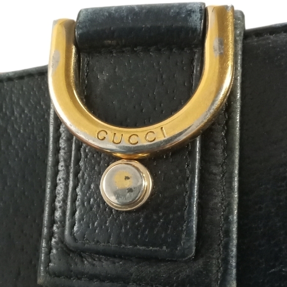 Gucci Women's Pebbled Leather Black Fold-over Wallet Gold D-Ring Detail - Picture 5 of 13